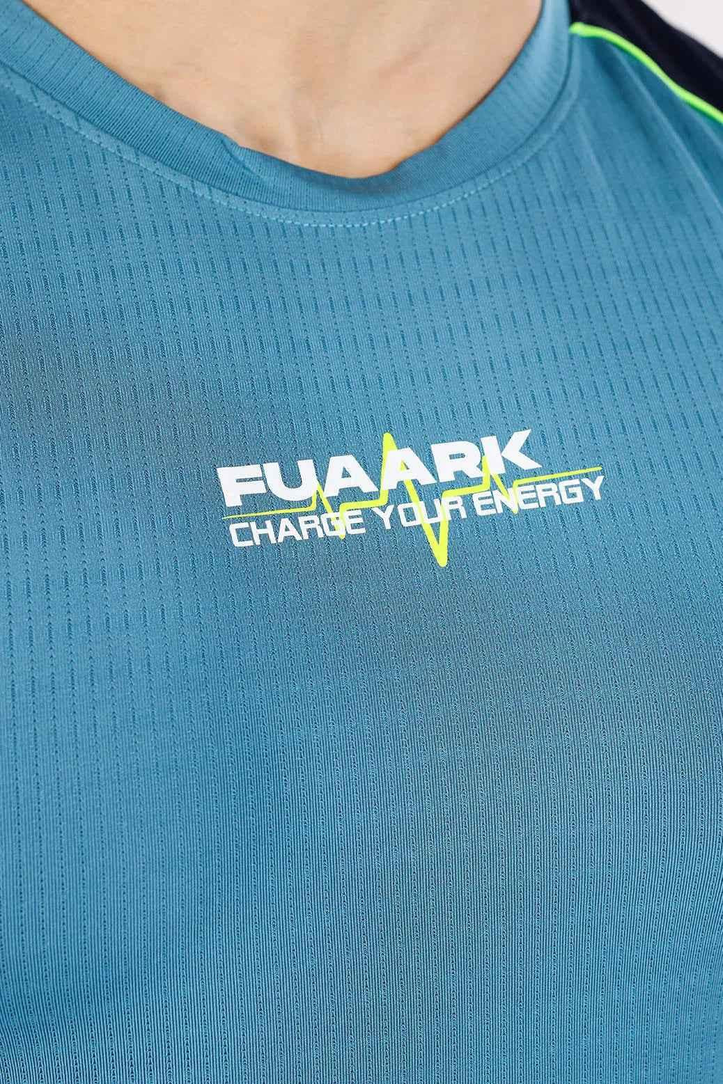 Sky blue Fuaark NZ tank top with a lined design, sleeveless style perfect for casual wear.