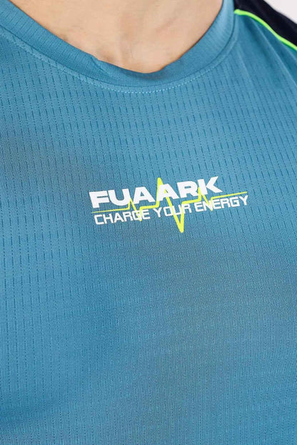 Sky blue Fuaark NZ tank top with a lined design, sleeveless style perfect for casual wear.