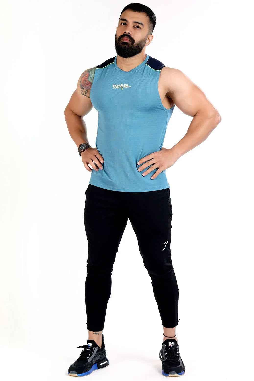 Sky blue lining tank top by Fuaark Nz, sleeveless design with a comfortable fit, perfect for casual wear.
