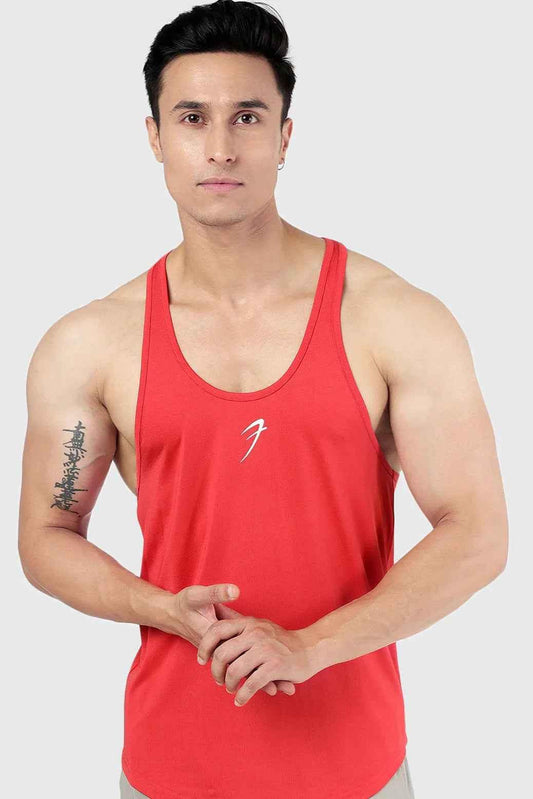Fuaark NZ Surge Stringer Red tank top, fitted sleeveless athletic top with red fabric, suitable for gym and workout activities.
