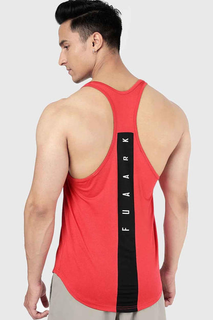 Red Surge Stringer tank top by Fuaark Nz displayed on a mannequin, highlighting its fitted sleeveless design.