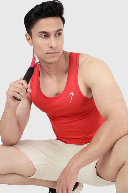 Red Surge Tank Top by Fuaark Nz, sleeveless athletic tank with fitted design and round neckline.