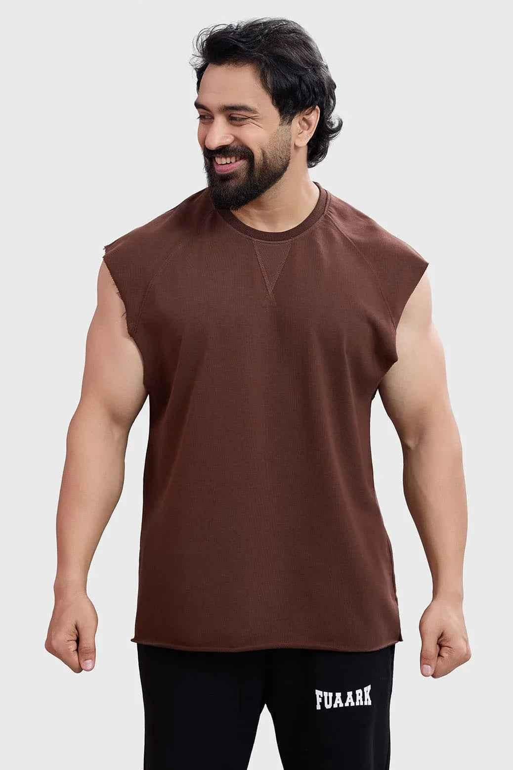 Brown capsleeve workout tank top by Fuaark NZ, designed for active wear and fitness training.