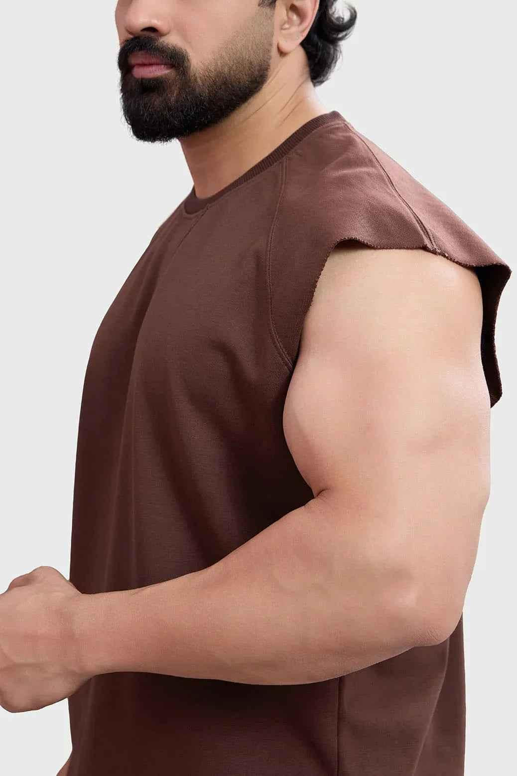 Brown Fuaark Nz sleeveless workout tank top with capsleeve design, ideal for active fitness and gym routines.