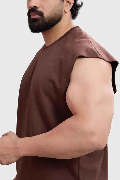 Brown Fuaark Nz sleeveless workout tank top with capsleeve design, ideal for active fitness and gym routines.