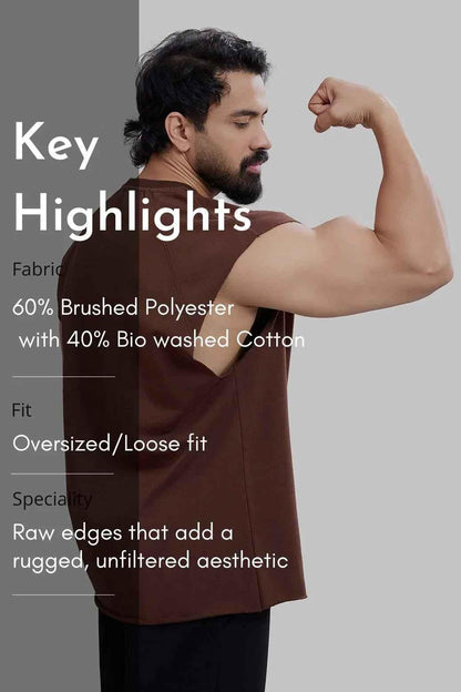 Brown capsleeve workout tank top by Fuaark NZ, designed for active fitness, shown on a model.