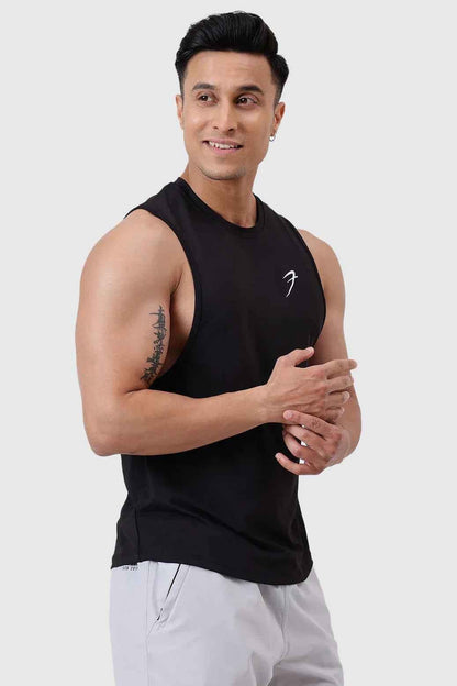 Black Urban Deep Arm Tank Top by Fuaark Nz, stylish and comfortable sleeveless shirt for casual wear.