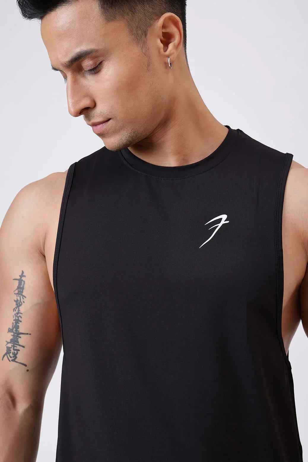 Black Urban Deep Arm Tank Top by Fuaark Nz, stylish and comfortable sleeveless shirt for casual wear.