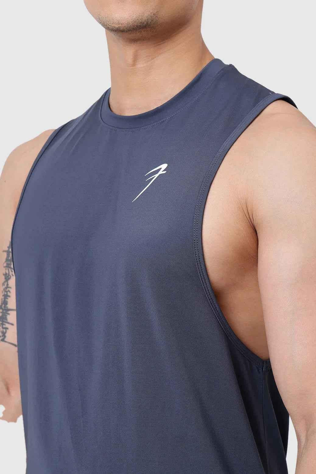 Dark grey Urban Deep Arm Tank Top by Fuaark Nz, sleeveless design perfect for casual or athletic wear.