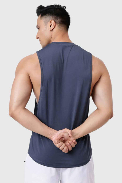 Urban Deep Arm Tank Top in Dark Grey by Fuaark Nz, showing the sleeveless design and soft fabric on a neutral background.