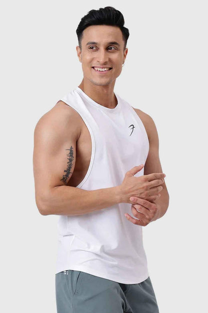 White Urban Deep Arm Tank Top by Fuaark Nz, showcasing a sleeveless design with a fitted silhouette.
