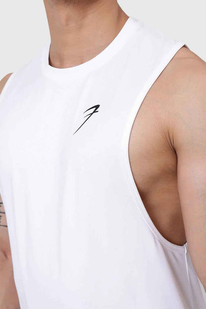 White Urban Deep Arm Tank Top by Fuaark Nz, sleeveless men's fashion tank with a relaxed fit and deep armholes.