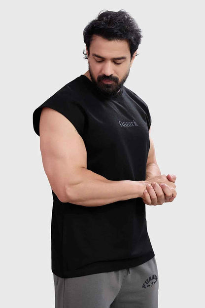 Black Fuaark NZ blackout cap-sleeves tank top displayed on a mannequin, showcasing the slim fit and sleeveless design.