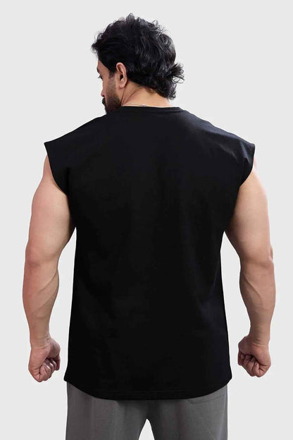 Black Fuaark Nz blackout cap-sleeves tank top shown in black, sleeveless design, lightweight and casual fit.