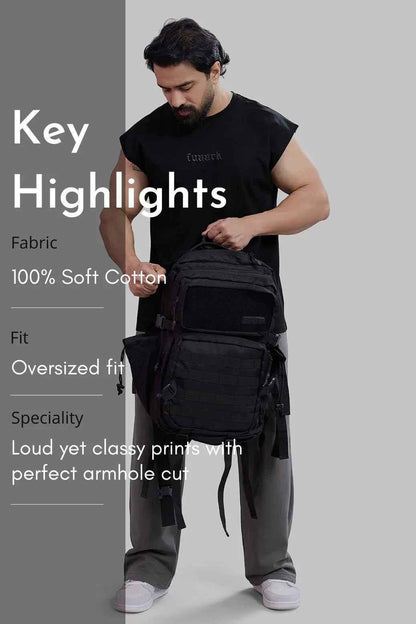 Black Fuaark NZ blackout cap-sleeves tank top, close-up of black sleeveless shirt with fitted design and smooth fabric.