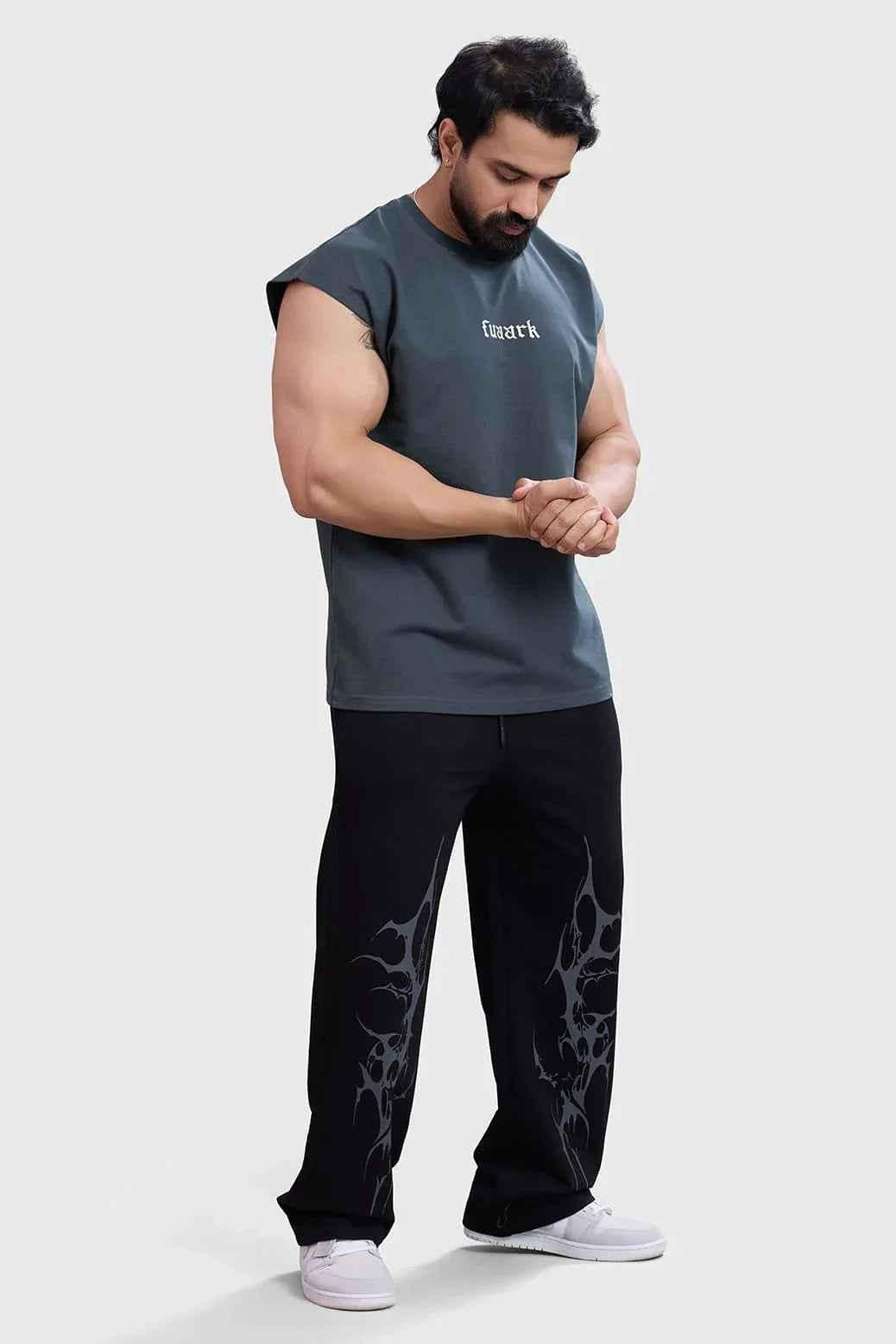 Dark grey Fuaark Nz cap-sleeves workout tank top designed for peak performance, shown in a close-up image.