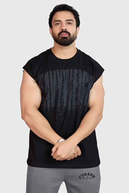 Heavyweight black tank top with cap sleeves by Fuaark Nz, close-up of the fitted sleeveless design and fabric texture.