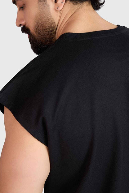 Heavyweight black tank top with cap sleeves by Fuaark Nz, close-up of the sleeveless, fitted design and durable fabric.