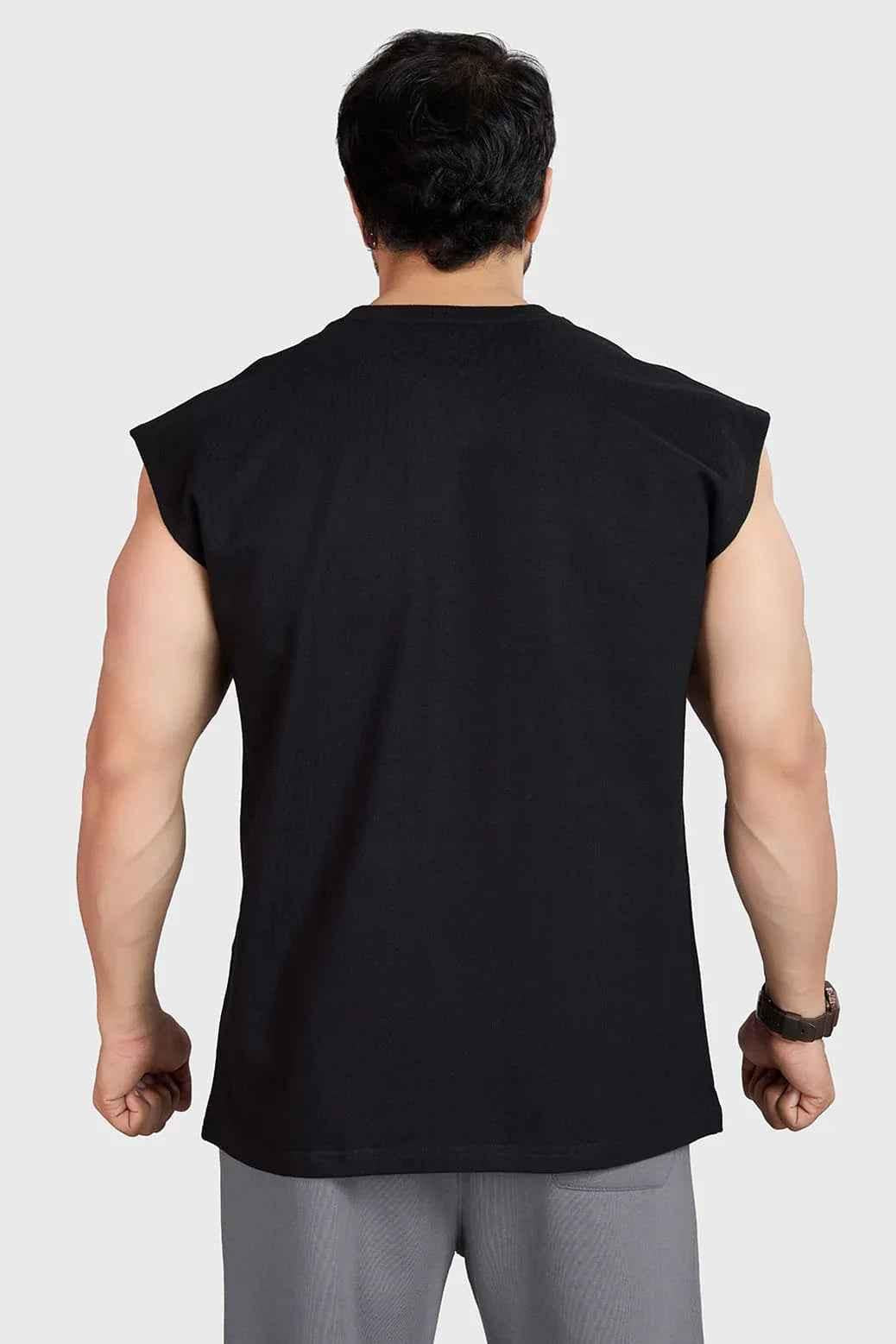 Heavyweight black tank top with cap sleeves from Fuaark Nz, shown on a mannequin, highlighting its fit and fabric texture.