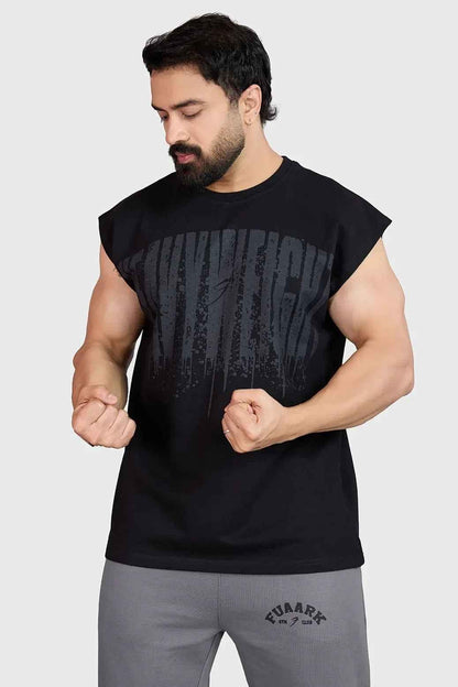 Heavyweight black tank top with cap sleeves from Fuaark NZ, close-up showing soft fabric and comfortable fit.