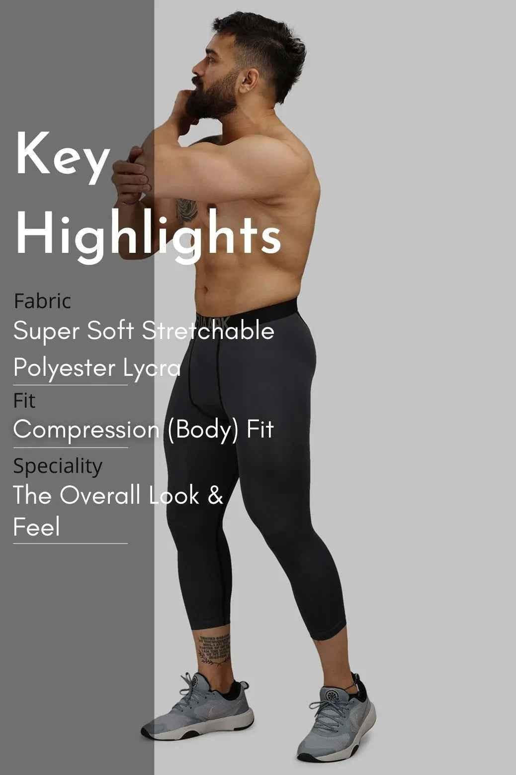 Dark grey Fuaark Nz compression tights, close-up of breathable, stretchy fabric with reinforced waistband and seamless design.