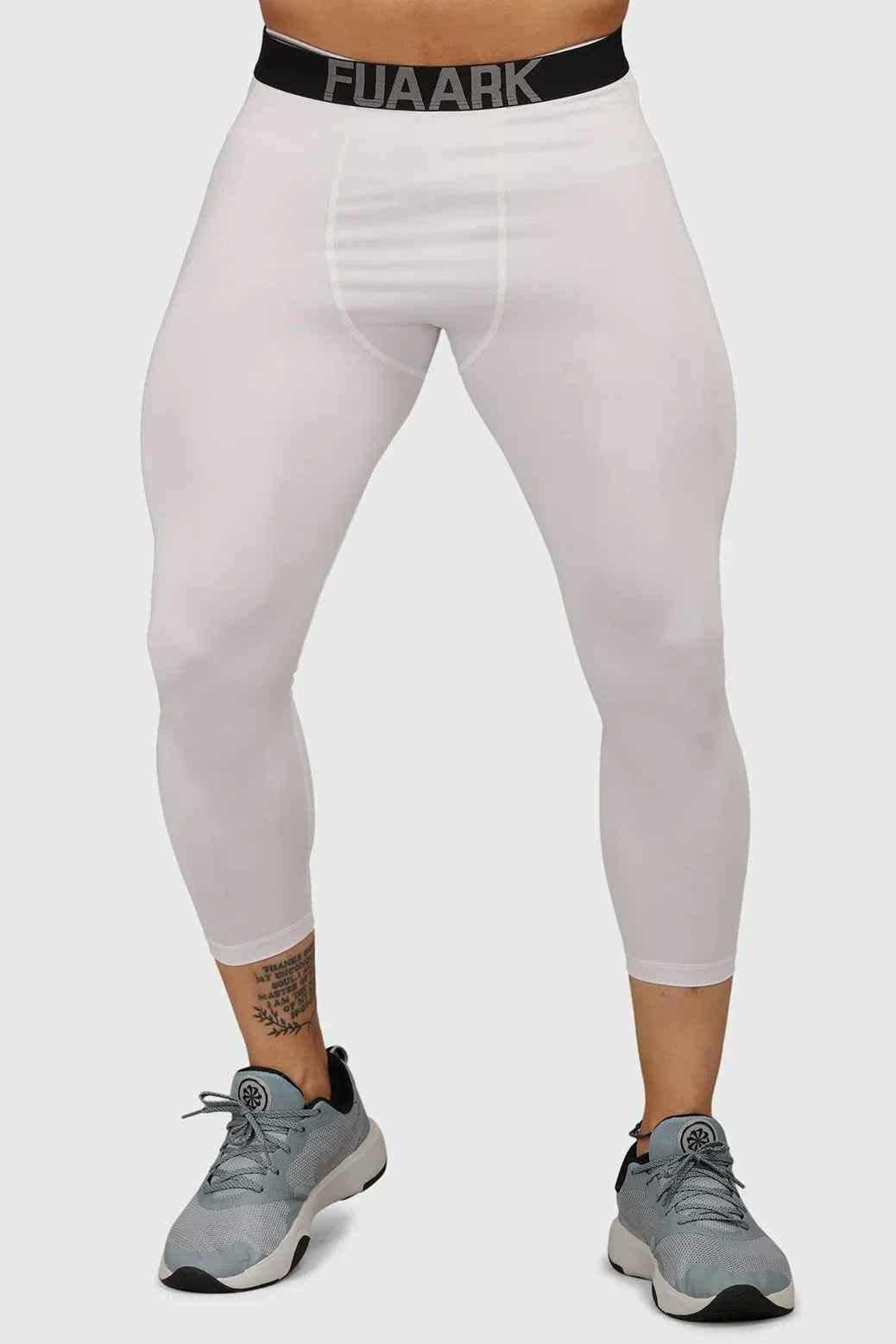 White compression tights by Fuaark Nz, high-performance workout tights with a snug fit and breathable fabric for active wear.