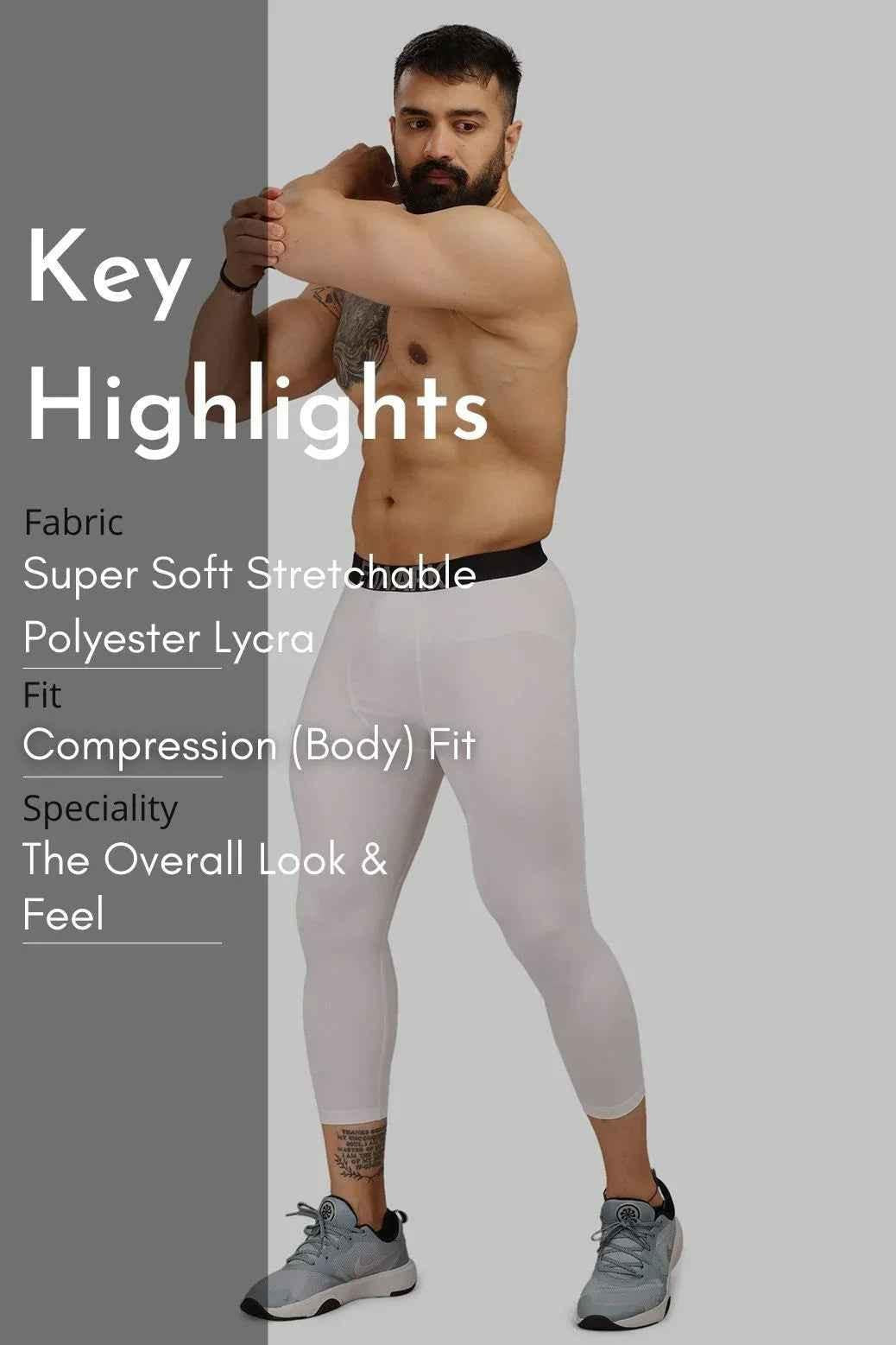 White compression tights by Fuaark Nz, high-performance workout tights, fitted design for support and flexibility during exercise.