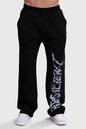 Black Ressiliant Straight Tracks Fuaark NZ track pants laid flat, showcasing their sleek design and comfortable fit.