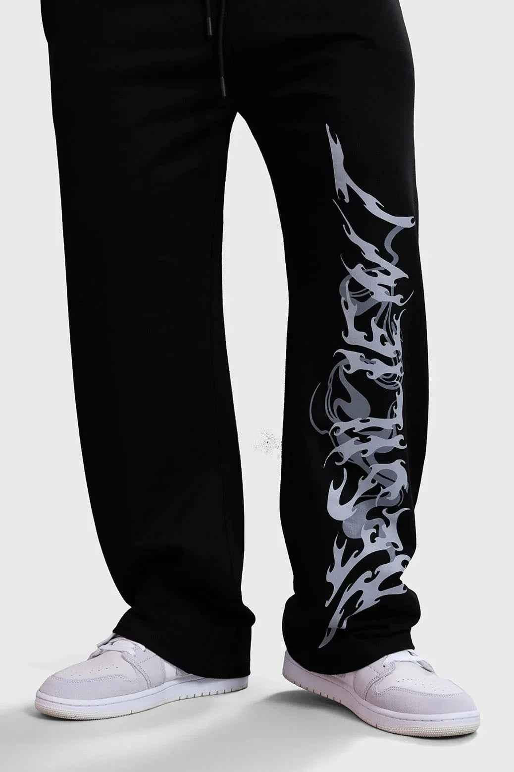 Fuaark Nz Ressiliant Straight Tracks Black track pants laid flat, showing fit and fabric details.