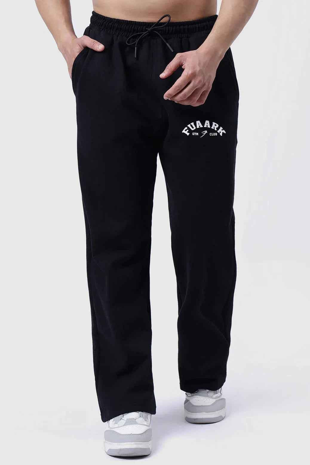 Fuaark Nz black relaxed fit track pants with a laidback style, designed for ultimate comfort and casual wear.