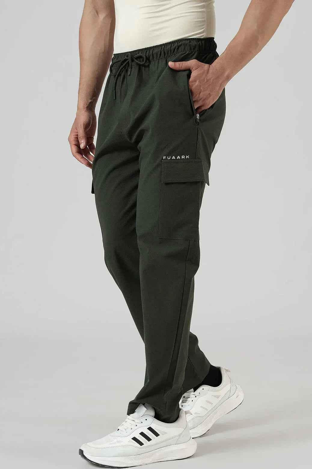 Fuaark Nz Vitality Straight Pants Army track pants with a sleek fit and elastic waistband, designed for activewear and casual style.