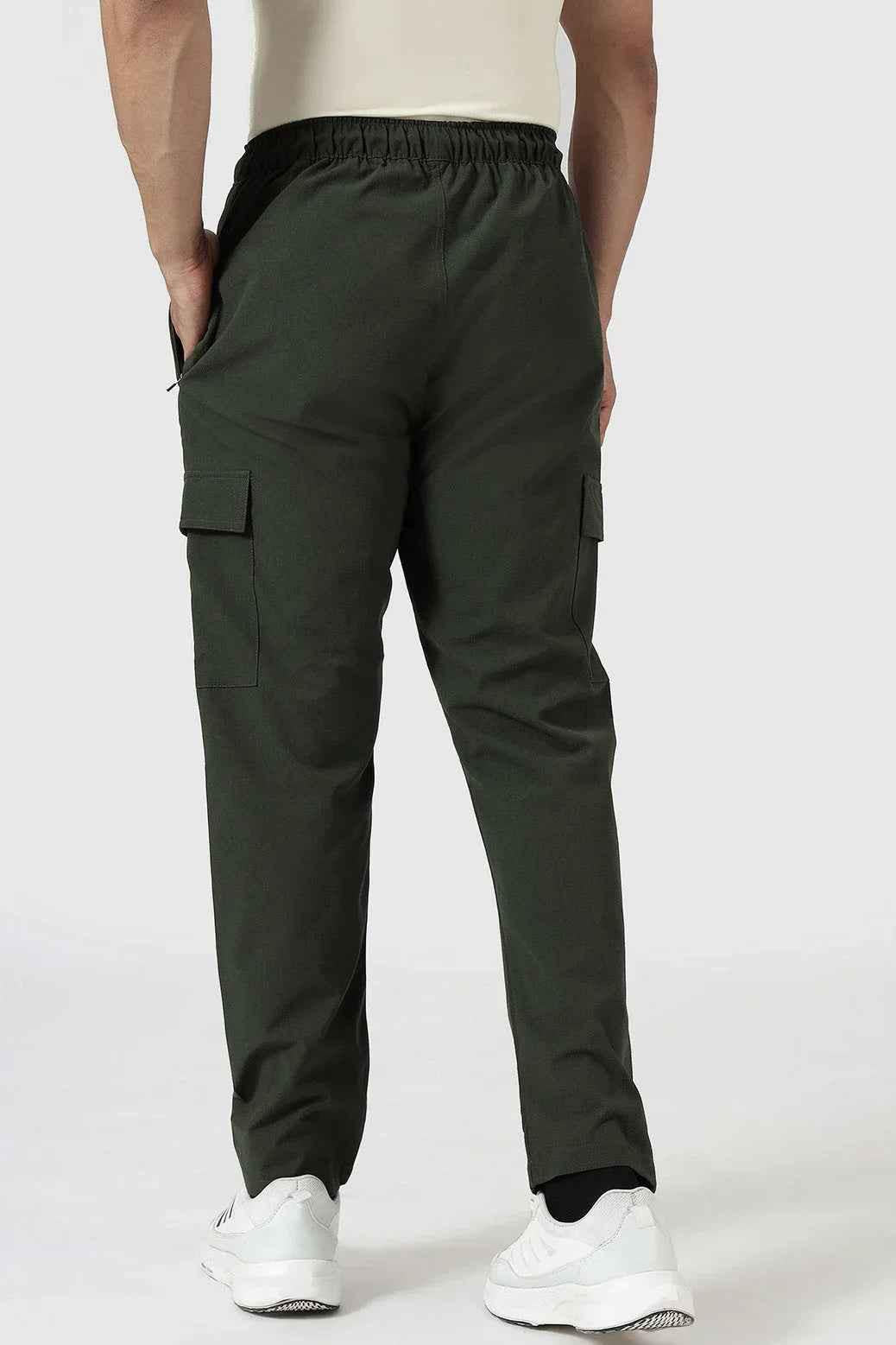 Fuaark Nz Vitality Straight Pants Army track pants with a sleek fit and military-inspired design, shown on a model.