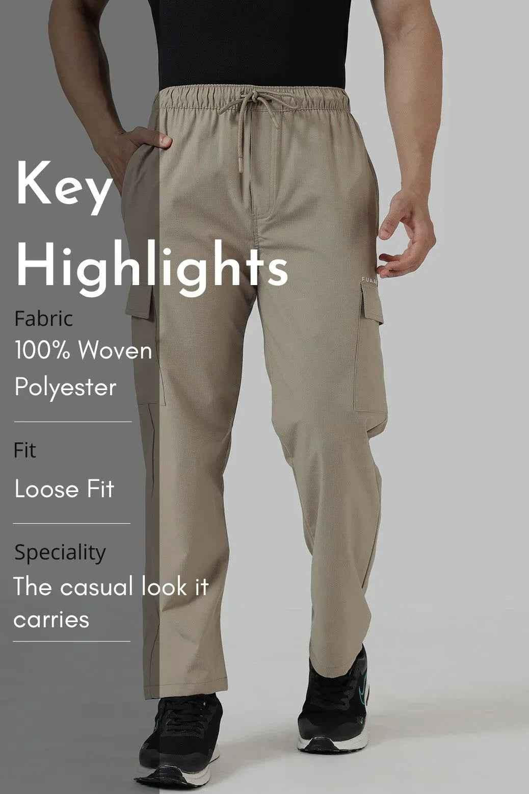 Beige Fuaark Nz Vitality Straight Track Pants displayed on a model, featuring a relaxed fit and casual style.