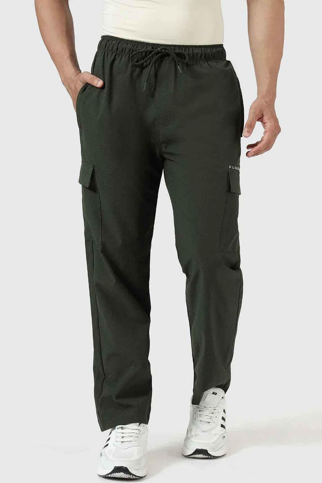 Fuaark Nz Vitality Straight Track Pants in olive color, showing a close-up of the sleek, fitted design and smooth fabric.