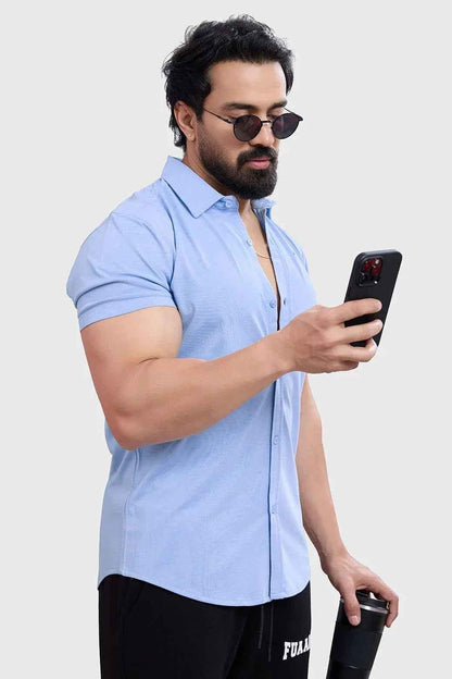 Sky blue Aero Shirt T-shirt by Fuaark NZ, casual fit with short sleeves and round neckline, displayed flat.