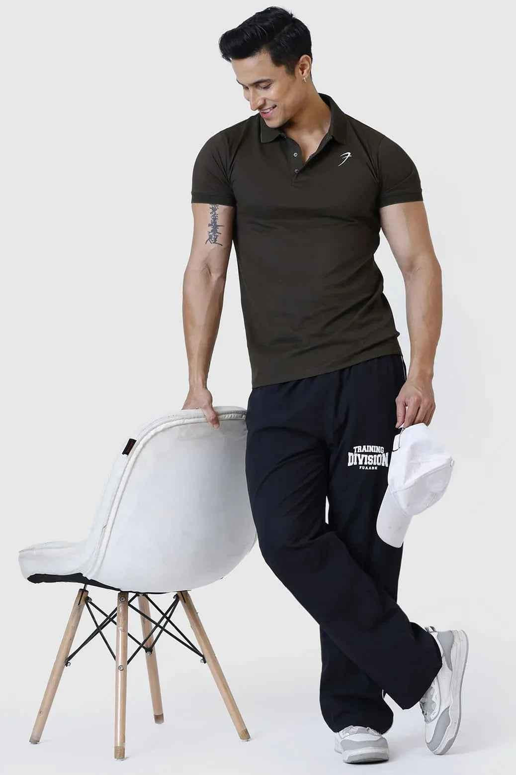 Olive Aura Polo T-shirt by Fuaark Nz, featuring a classic fit and soft fabric, shown on a neutral background.