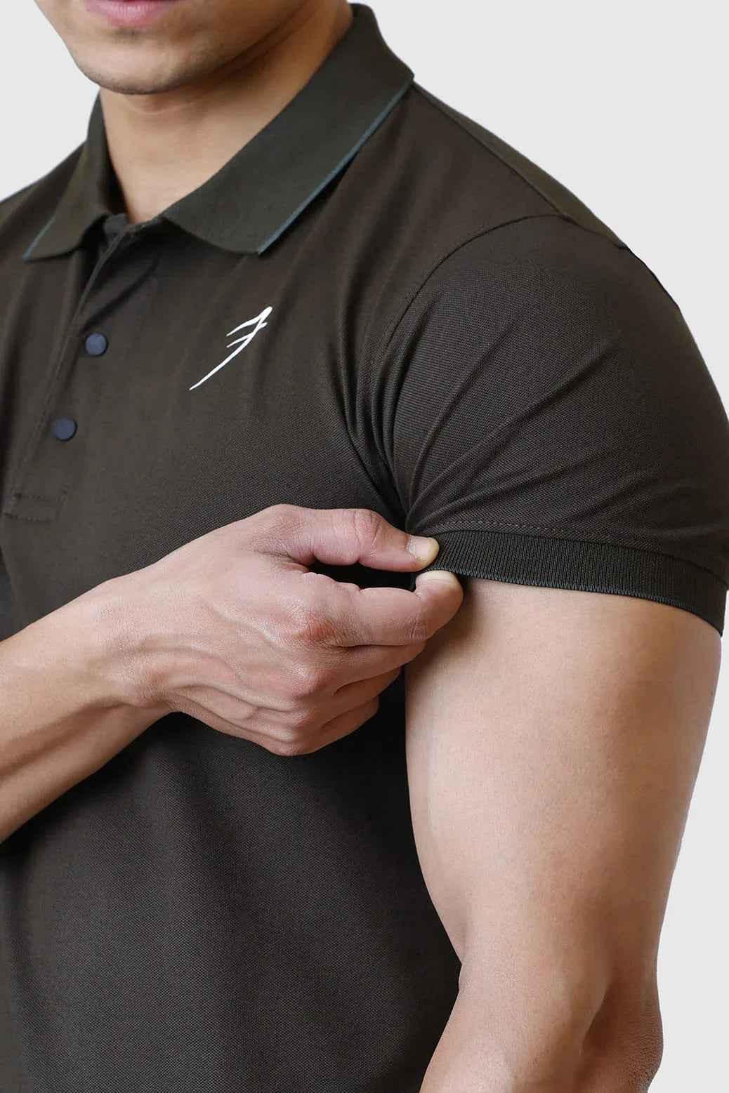 Fuaark NZ Aura Polo T-shirt in olive color, casual short-sleeve tee with a classic fit and polo collar, displayed on a plain background.