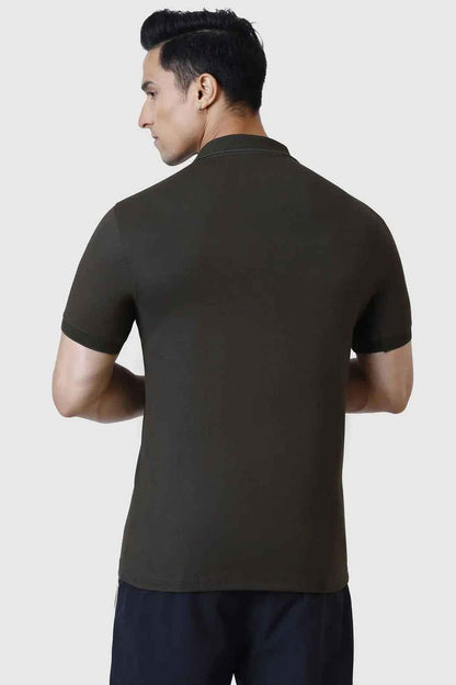 Olive Aura Polo T-shirt by Fuaark Nz, casual T-shirt with a classic collar and short sleeves, displayed on a plain background.