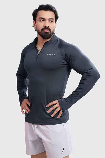 Dark grey Fuaark Nz Axis Pullover T-shirt displayed on a hanger, showcasing its casual fit and soft fabric.