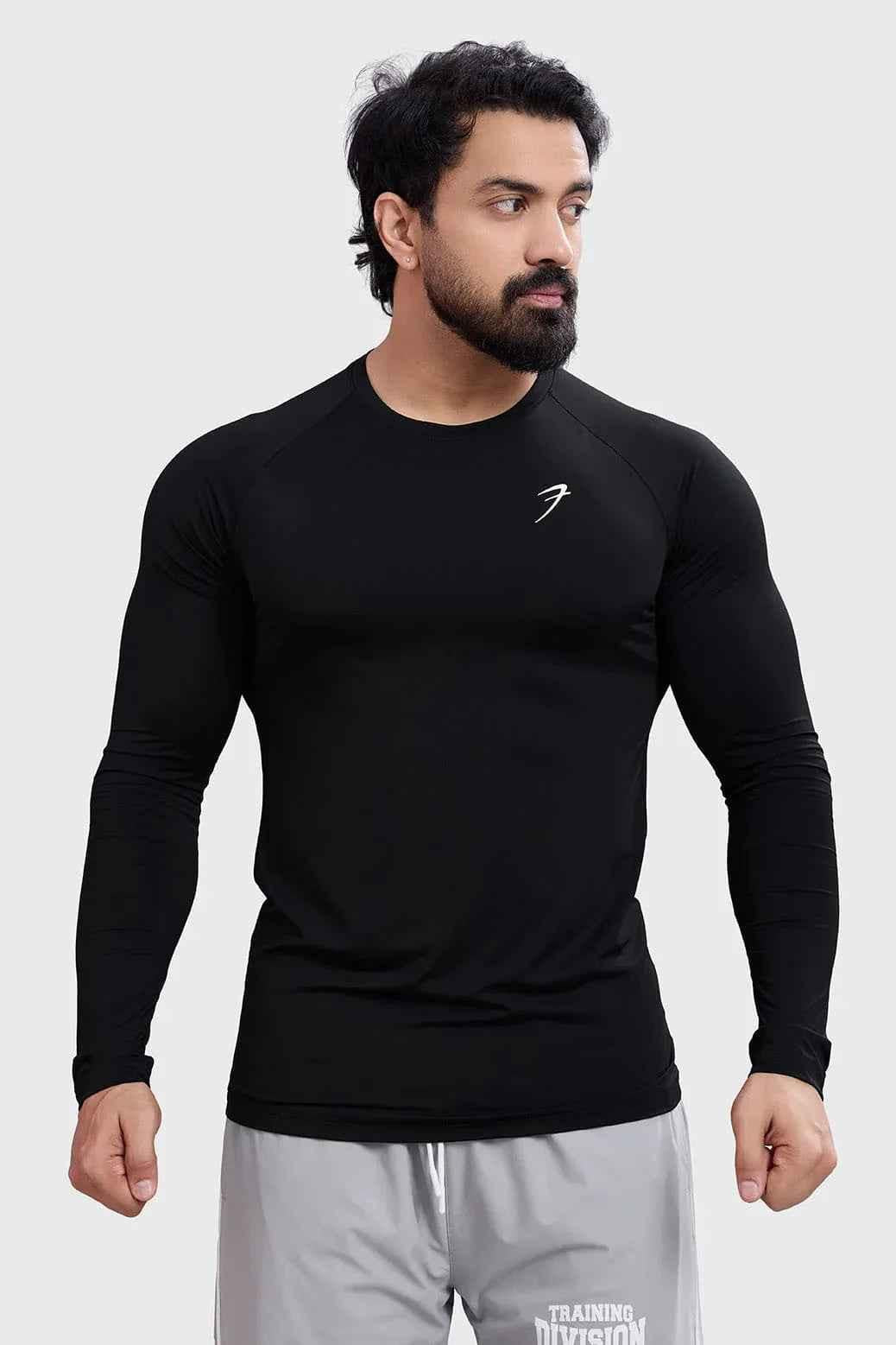 Black Bare Nylon Fullsleeves T-shirt by Fuaark Nz, showing the fitted design and smooth fabric texture.