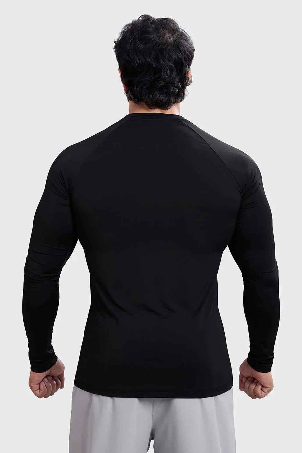 Black Bare Nylon Fullsleeves T-shirt by Fuaark Nz, close-up of the sleek, fitted long-sleeve shirt with smooth nylon fabric.