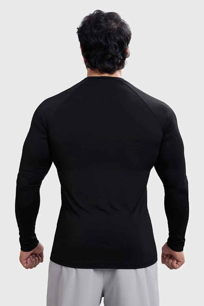 Black Bare Nylon Fullsleeves T-shirt by Fuaark Nz, close-up of the sleek, fitted long-sleeve shirt with smooth nylon fabric.