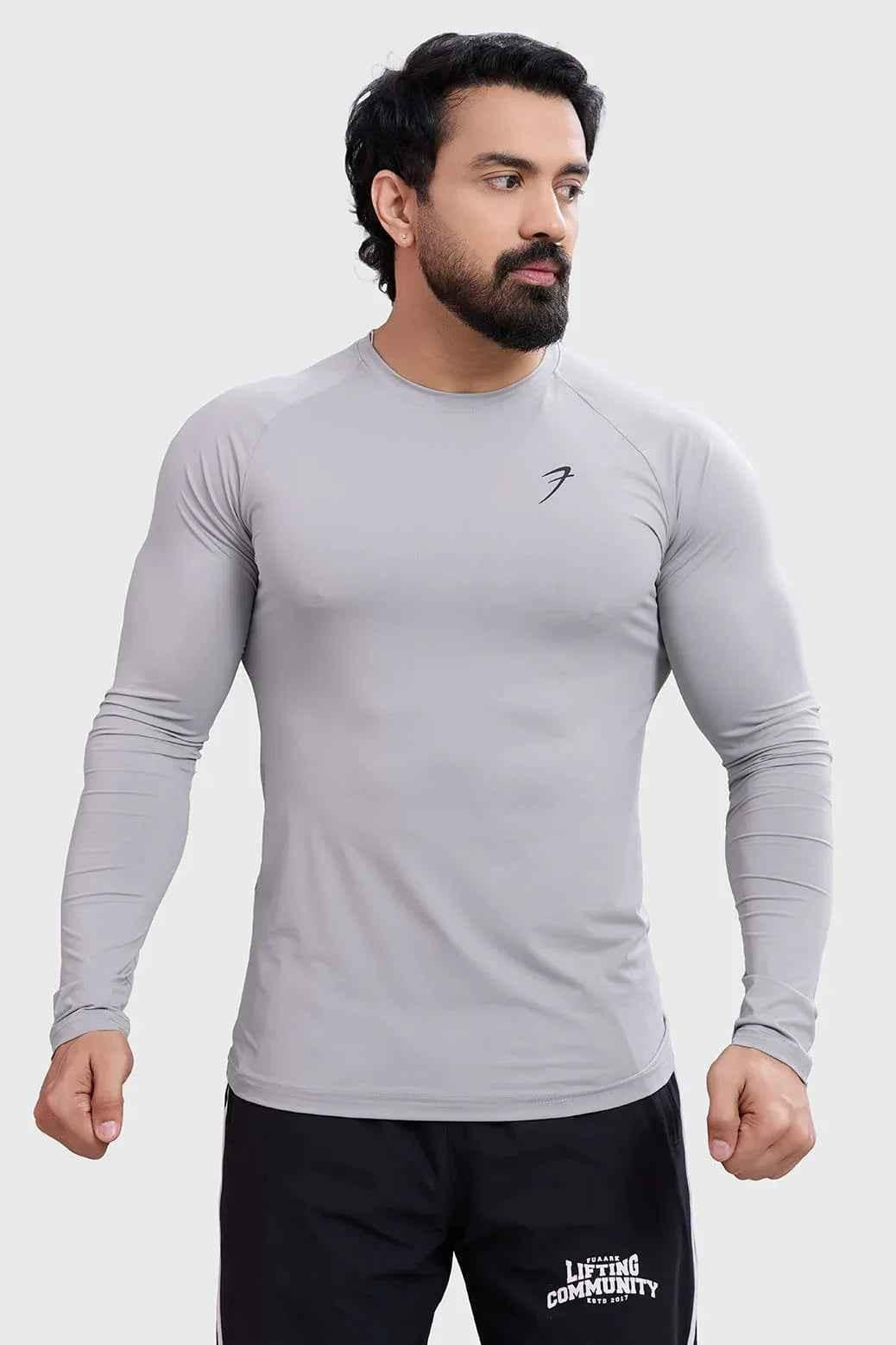 Light grey Bare Nylon full-sleeve T-shirt by Fuaark Nz, showing the fitted design and soft fabric texture.