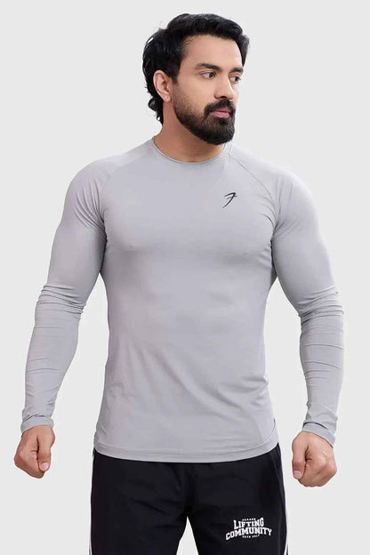 Light grey Bare Nylon full-sleeve T-shirt by Fuaark Nz, showing the fitted design and soft fabric texture.