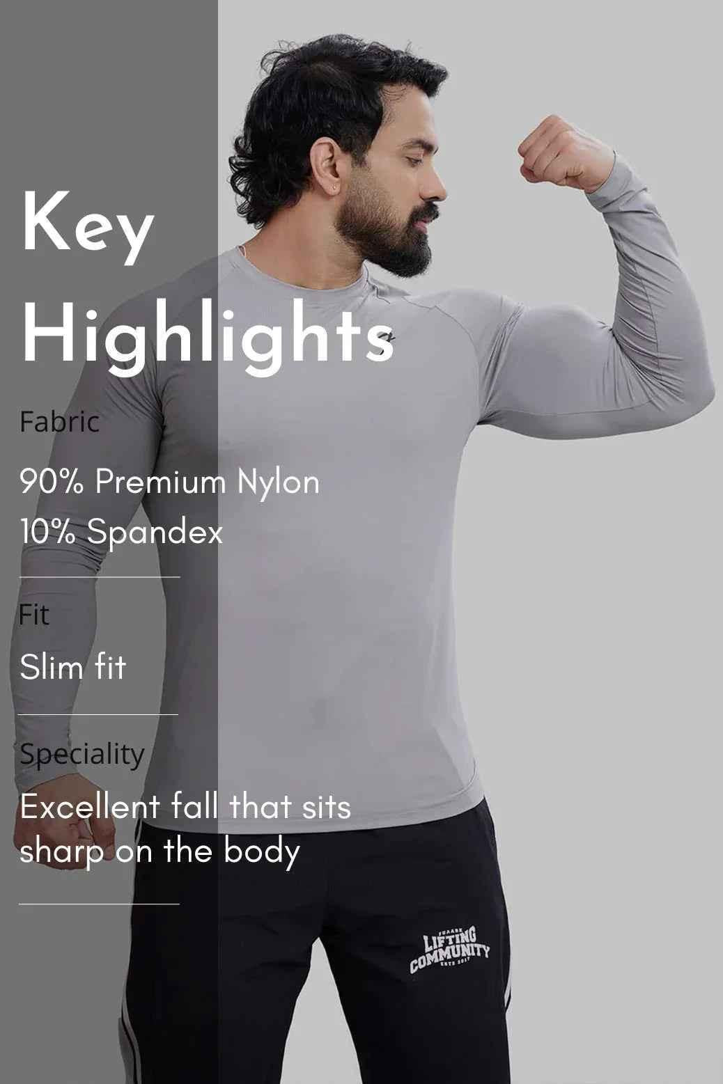 Light grey Bare Nylon full-sleeves T-shirt by Fuaark Nz, showing the fitted design and smooth fabric texture.