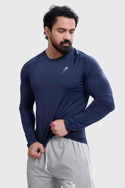 Navy Bare Nylon Fullsleeves T-shirt by Fuaark Nz, casual long-sleeve T-shirt with a smooth nylon fabric finish.