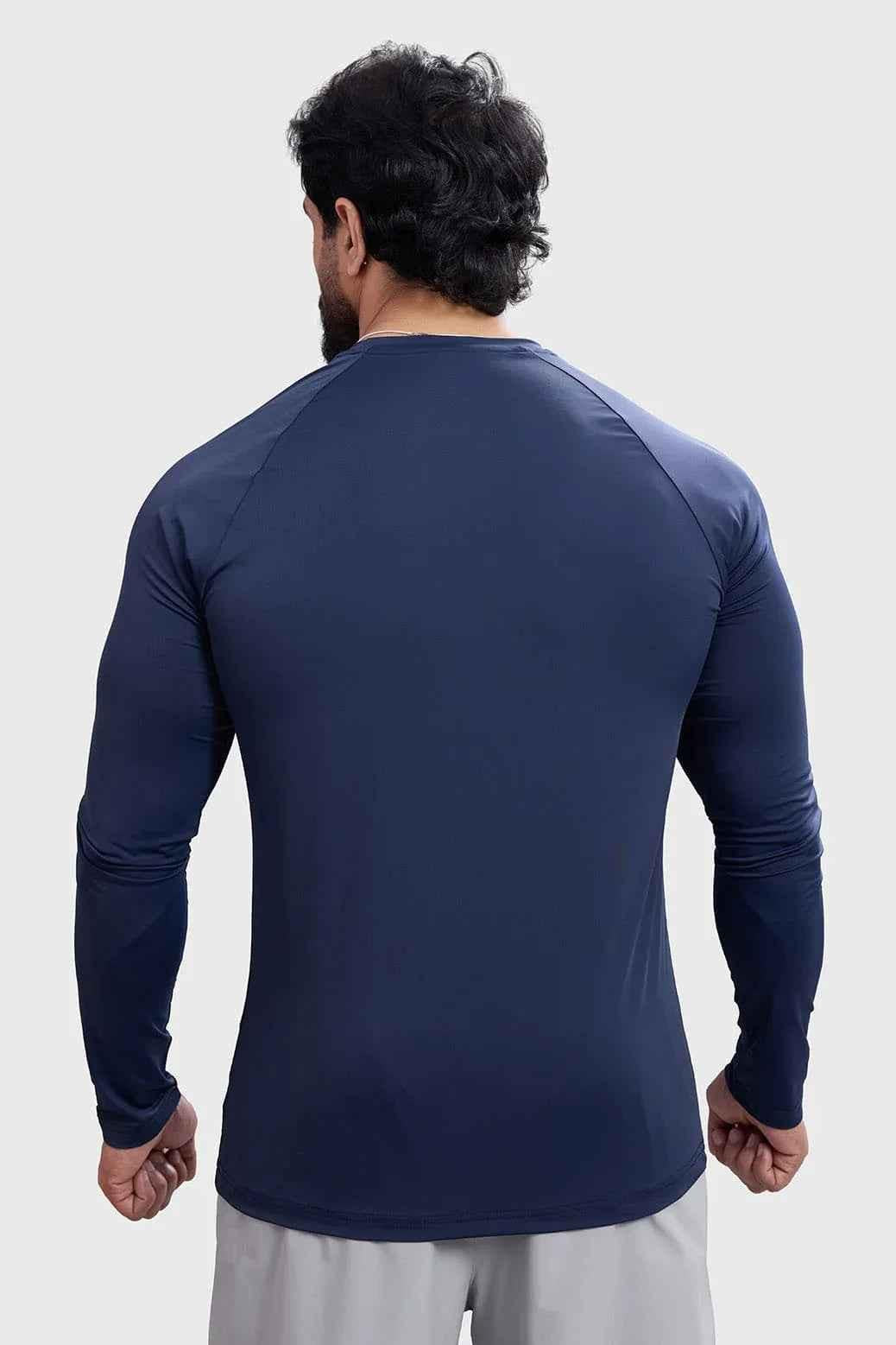 Navy Bare Nylon Fullsleeves T-shirt by Fuaark Nz, showcasing long sleeves and comfortable fit in a casual style.