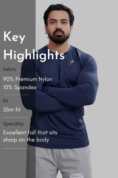 Navy Bare Nylon full-sleeve T-shirt by Fuaark Nz, showcasing a fitted design with long sleeves and a crew neck.