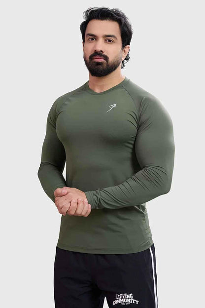 Olive Bare Nylon Fullsleeves T-shirt by Fuaark Nz, featuring long sleeves, slim fit, and smooth nylon fabric on a plain background.