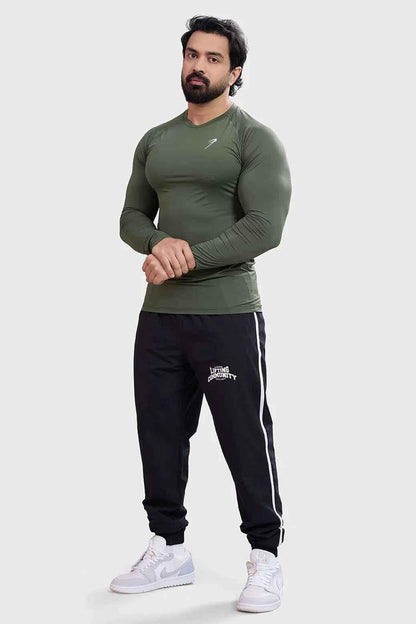 Olive Bare Nylon Fullsleeves T-shirt by Fuaark Nz, showcasing a sleek, long-sleeve design with a fitted silhouette.
